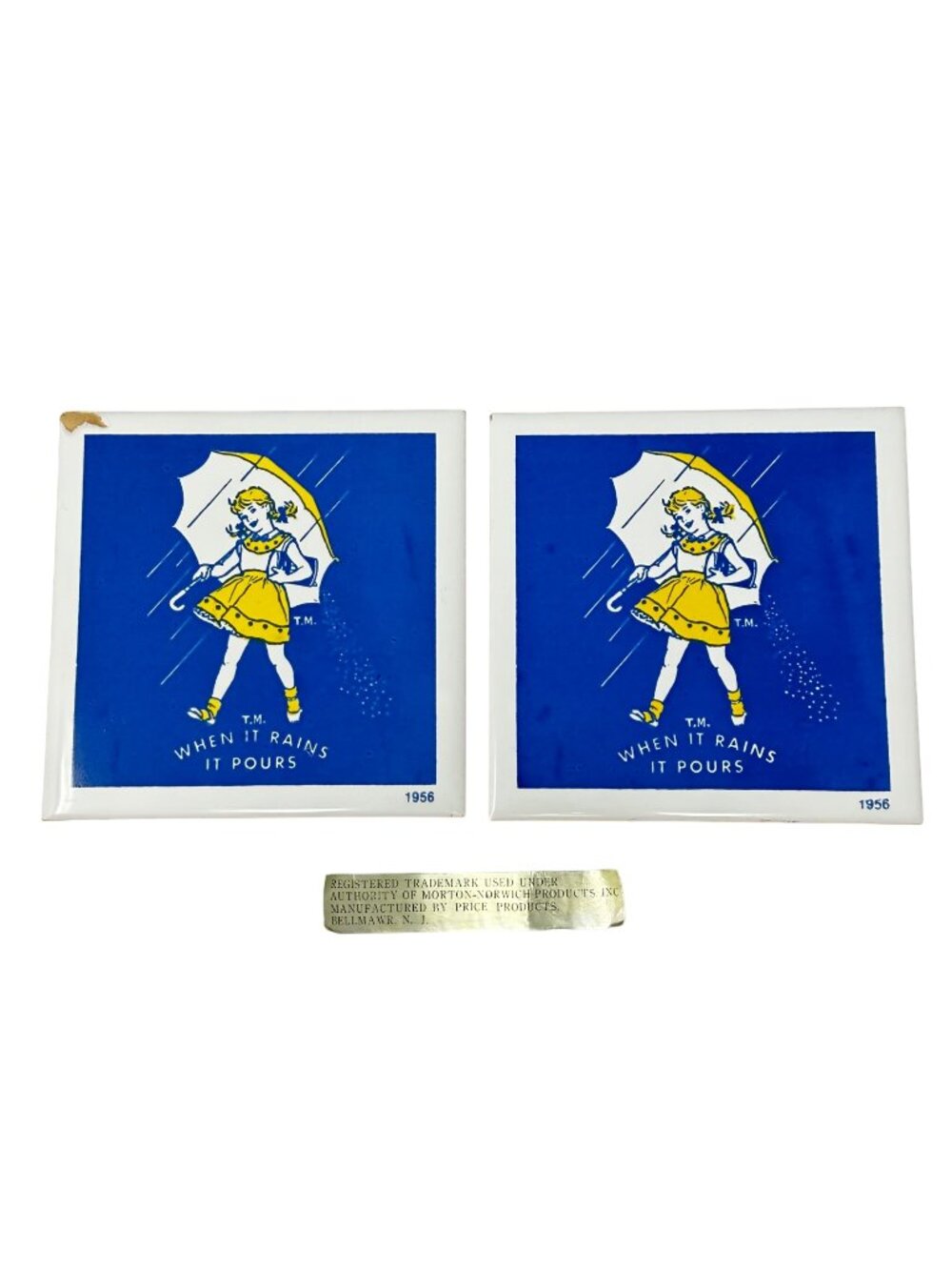 Vintage Morton Salt Trivet Coasters 1956 Girl When It Rains It Pours 2 Pc Set